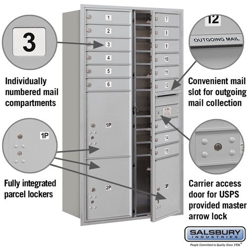 Maximum Height Recessed Mounted 4C Horizontal Mailbox with 15 Doors and 3 Parcel Lockers - Front Loading