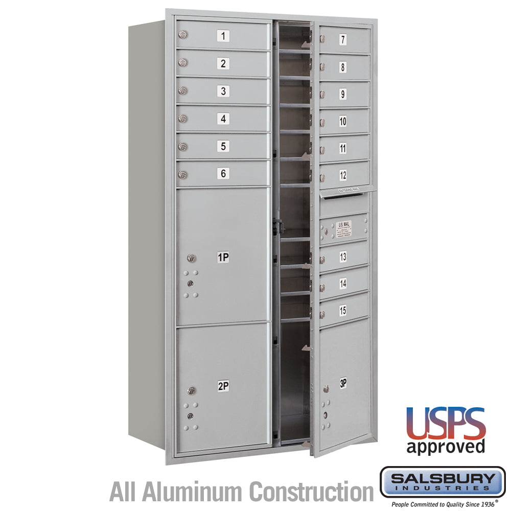 Maximum Height Recessed Mounted 4C Horizontal Mailbox with 15 Doors and 3 Parcel Lockers - Front Loading