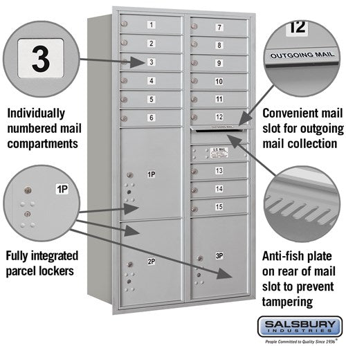 Maximum Height Recessed Mounted 4C Horizontal Mailbox with 15 Doors and 3 Parcel Lockers - Rear Loading