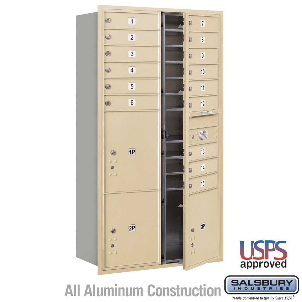 Maximum Height Recessed Mounted 4C Horizontal Mailbox with 10 Doors and 4 Parcel Lockers in Sandstone with USPS Access