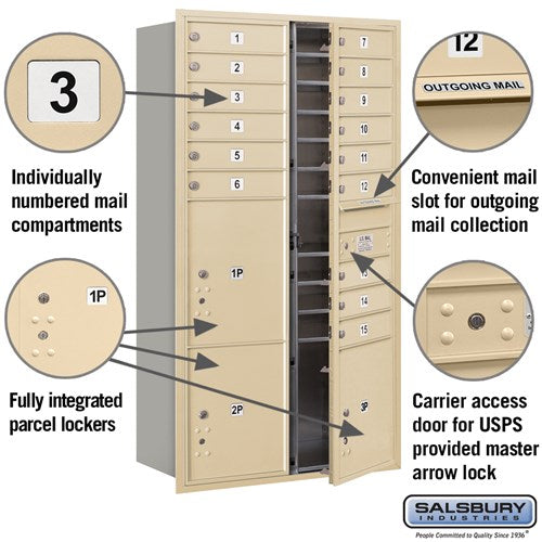 Maximum Height Recessed Mounted 4C Horizontal Mailbox with 10 Doors and 4 Parcel Lockers in Sandstone with USPS Access