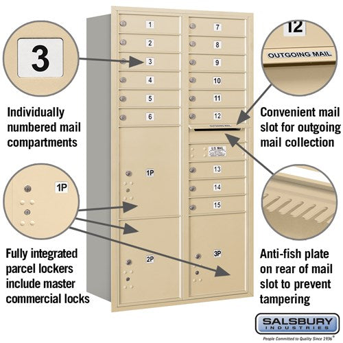 Maximum Height Recessed Mounted 4C Horizontal Mailbox with 15 Doors and 3 Parcel Lockers in Sandstone - Rear Loading