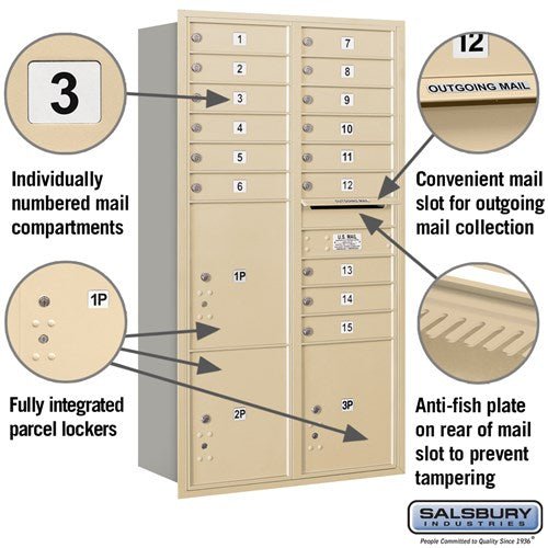 Maximum Height Recessed Mounted Mailbox with 15 Doors and 3 Parcel Lockers in Sandstone