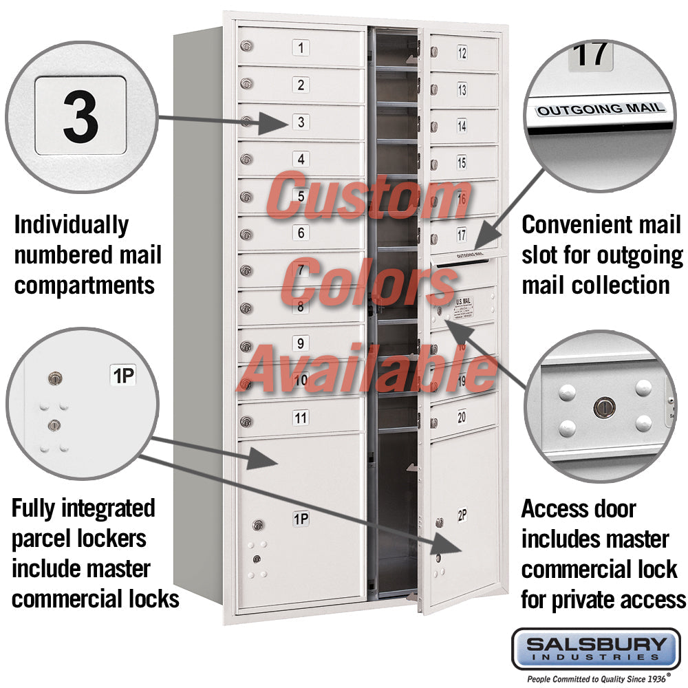 Recessed Mounted 4C Horizontal Mailbox with Master Commercial Locks - Maximum Height Unit - Double Column - 20 MB1 Doors / 2 PL4.5 Parcel Lockers - Custom Color - Front Loading - Private Access