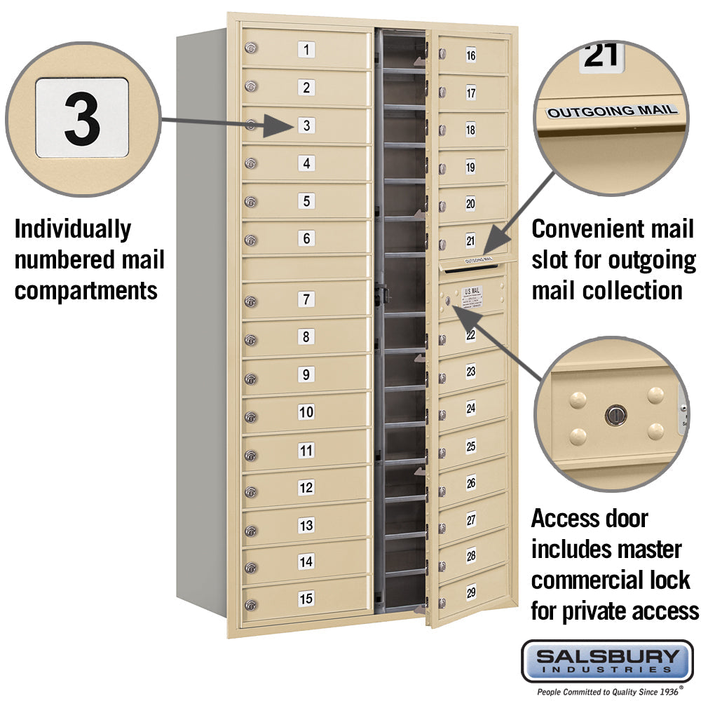 Maximum Height Recessed Mounted 4C Horizontal Mailbox with 29 Doors - Sandstone - Rear Loading