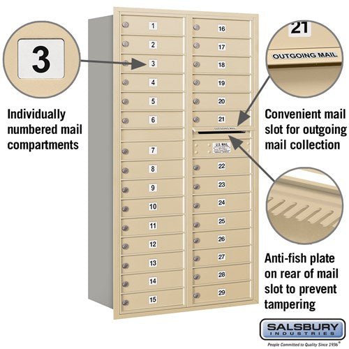 Maximum Height Recessed Mounted 4C Horizontal Mailbox with 29 Doors - Sandstone - Rear Loading