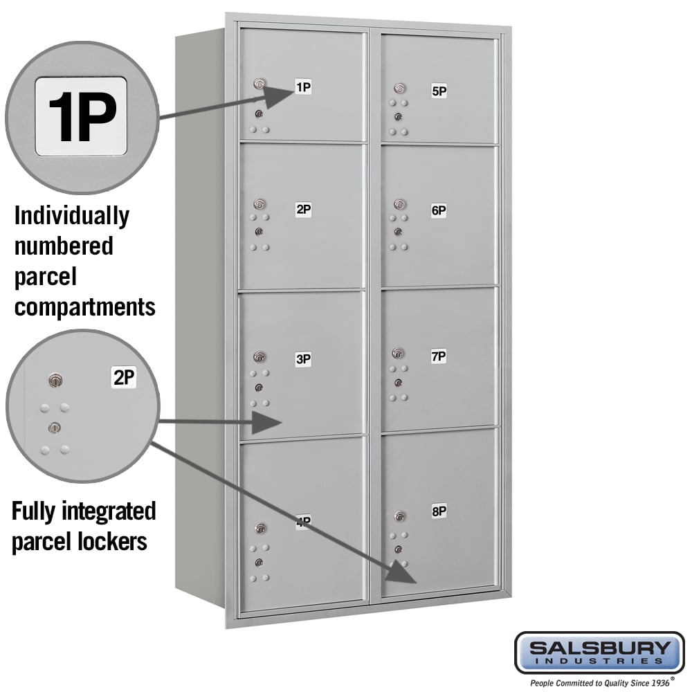 Salsbury Recessed Mounted 4C Horizontal Mailbox with Parcel Lockers, Rear Loading