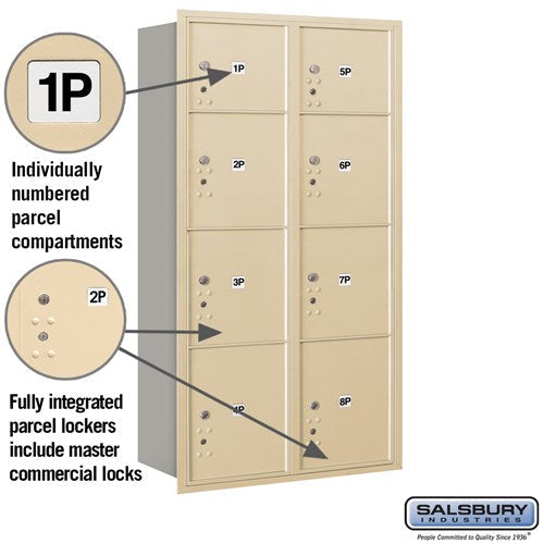 Maximum Height Recessed Mounted 4C Horizontal Parcel Locker with 3 Parcel Lockers - Sandstone - Rear Loading