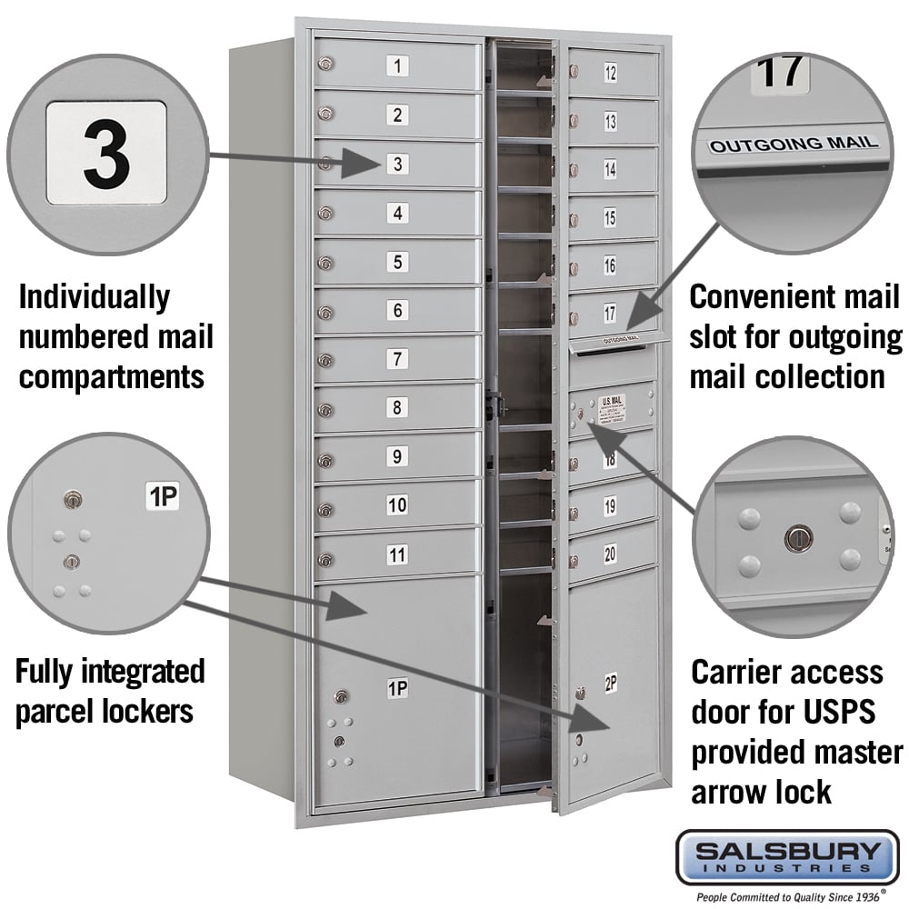 Salsbury 4C Horizontal Mailbox, Front-Loading, Aluminum, 56-3/4 in H x 31-1/8 in W, 20 MB1 Doors with 2 Parcel Lockers
