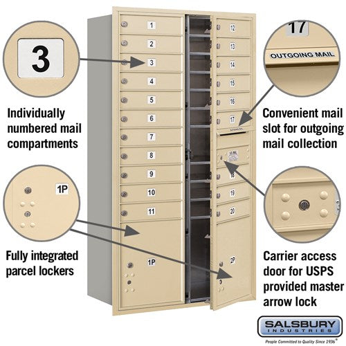 Maximum Height Recessed Mounted 4C Horizontal Mailbox with 20 Doors and 2 Parcel Lockers in Sandstone with USPS Access