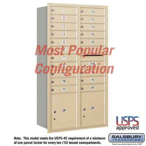 Maximum Height Recessed Mounted 4C Horizontal Mailbox with 20 Doors and 2 Parcel Lockers in Sandstone with USPS Access