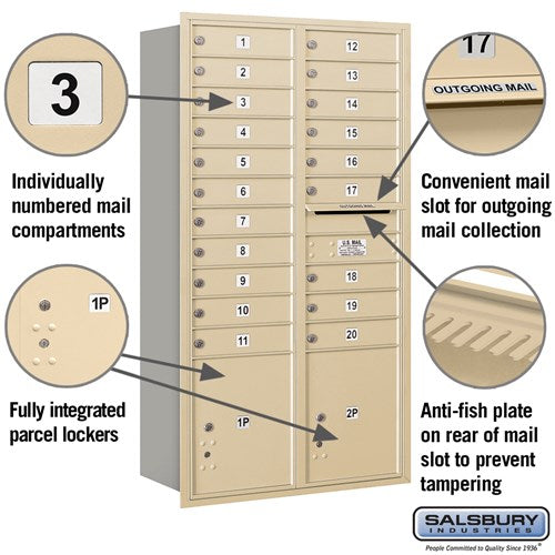 Maximum Height Recessed Mounted 4C Horizontal Mailbox with 20 Doors and 2 Parcel Lockers in Sandstone