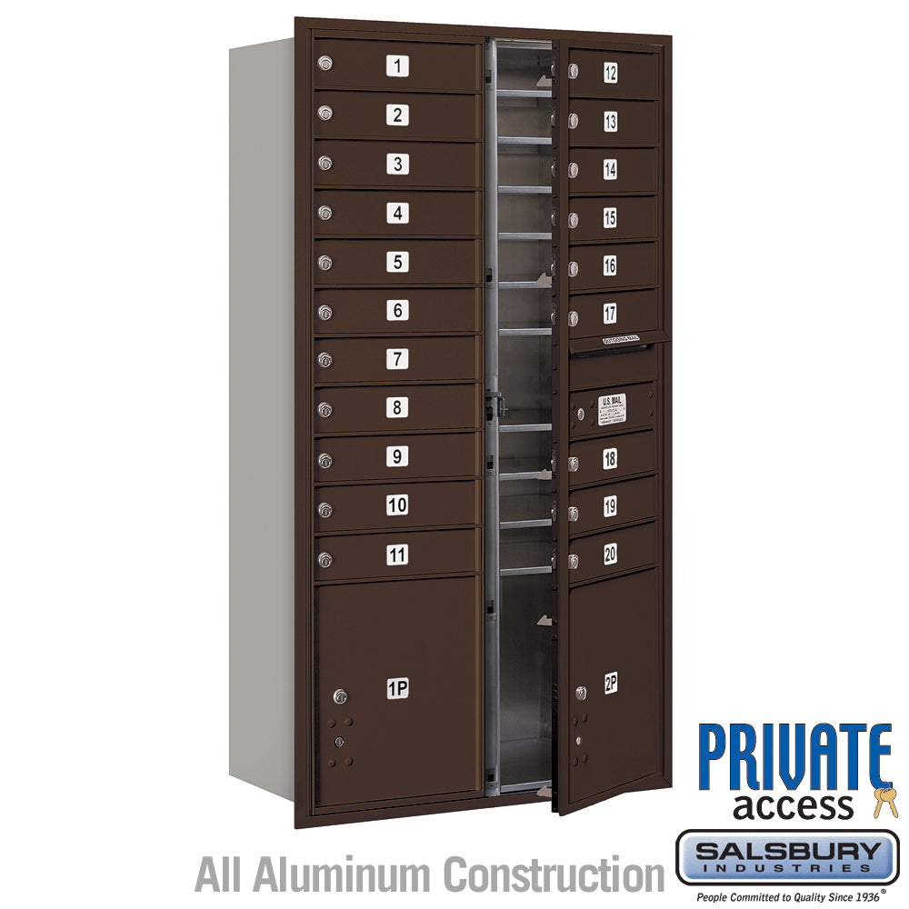 Maximum Height Recessed Mounted 4C Horizontal Mailbox with 20 Doors and 2 Parcel Lockers in Bronze with Private Access