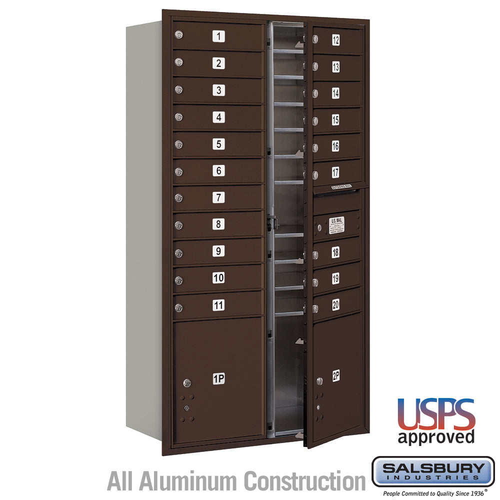 Maximum Height Recessed Mounted 4C Horizontal Mailbox with 20 Doors and 2 Parcel Lockers in Bronze with USPS Access
