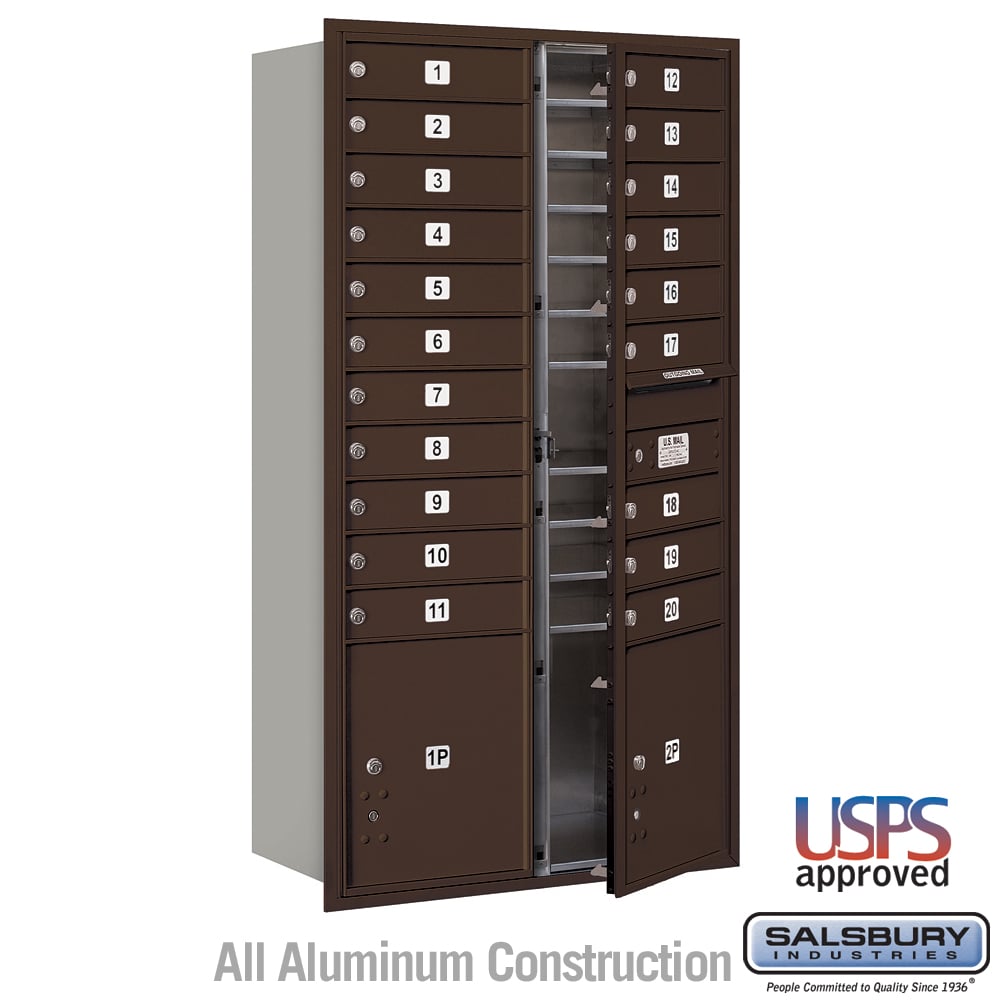 Maximum Height Recessed Mounted 4C Horizontal Mailbox with 20 Doors and 2 Parcel Lockers in Bronze with USPS Access