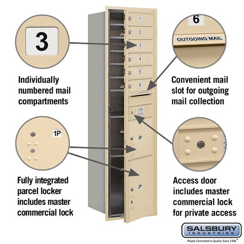 Maximum Height Recessed Mounted 4C Horizontal Mailbox with 6 Doors and 2 Parcel Lockers in Sandstone with Private Access