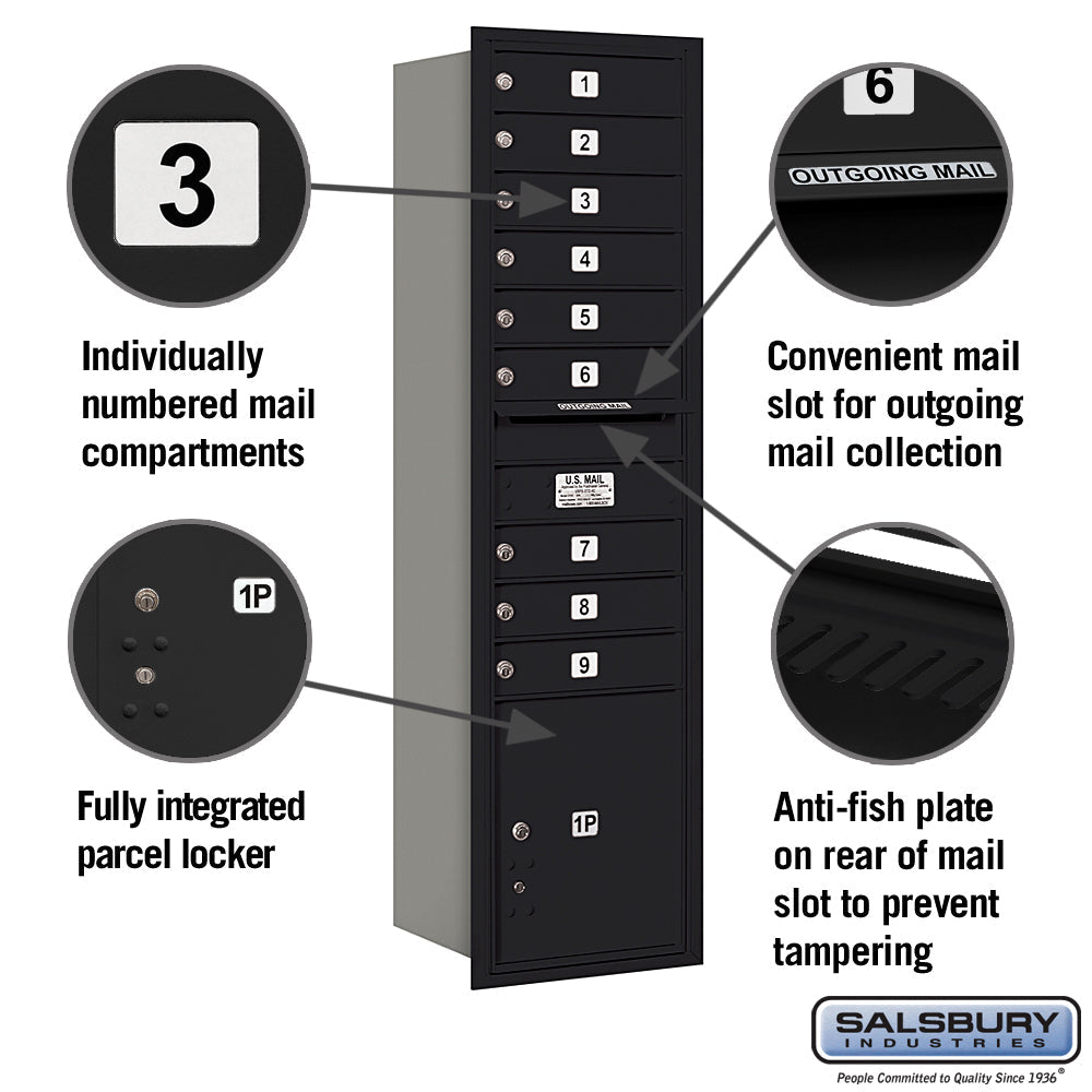 Maximum Height Recessed Mounted Mailbox with 9 Doors and Parcel Locker - Black