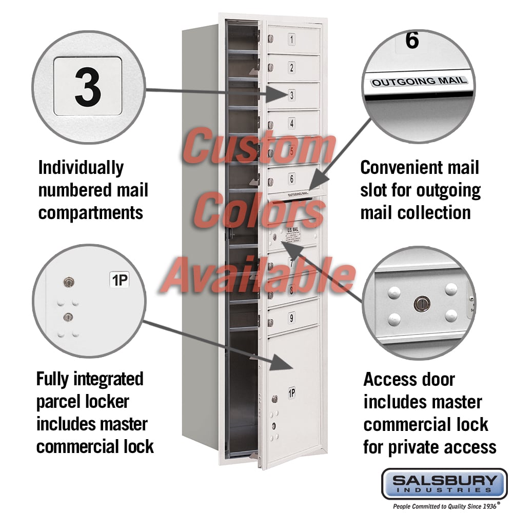 Recessed Mounted 4C Horizontal Mailbox with Master Commercial Locks - Maximum Height Unit - Single Column - 9 MB1 Doors - 1 PL4.5 Parcel Locker - Custom Color - Front Loading - Private Access