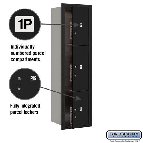 Maximum Height Recessed Mounted 4C Horizontal Parcel Locker with 3 Compartments - Black - USPS Approved