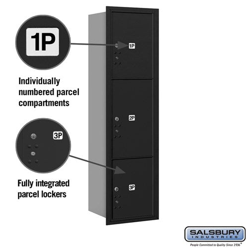 Maximum Height Recessed Mounted 4C Horizontal Parcel Locker with 3 Parcel Lockers - Black - Rear Loading