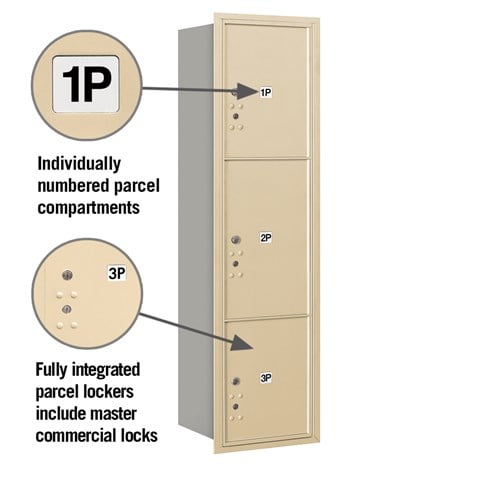 Maximum Height Recessed Mounted 4C Horizontal Parcel Locker with 3 Parcel Lockers - Sandstone - Rear Loading