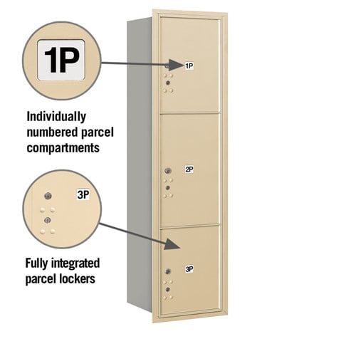 Maximum Height Recessed Mounted 4C Horizontal Parcel Locker with 3 Parcel Lockers in Sandstone - Rear Loading