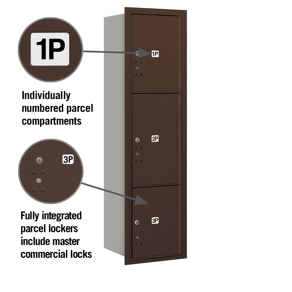 Maximum Height Recessed Mounted 4C Horizontal Parcel Locker with 3 Parcel Compartments - Bronze Rear Loading