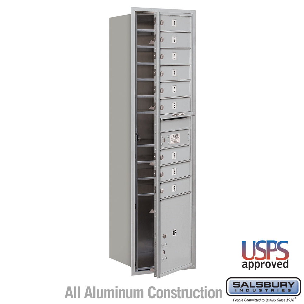 Salsbury Industries Maximum Height Recessed Mounted 4C Horizontal Mailbox, 9 Doors with Parcel Locker, Front-Loading, Aluminum, 17"W x 57.125"H x 16.5"D
