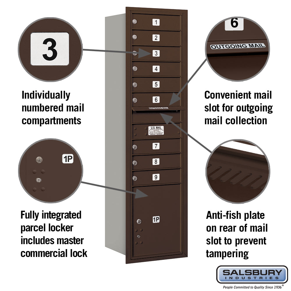 Maximum Height Recessed Mounted 4C Horizontal Mailbox with 9 Doors and Parcel Locker - Bronze - Rear Loading