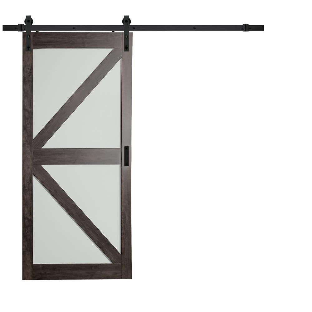36 in. x 84 in. Bright White MDF Frosted Glass K Design Sliding Barn Door with Rustic Hardware Kit - Super Arbor