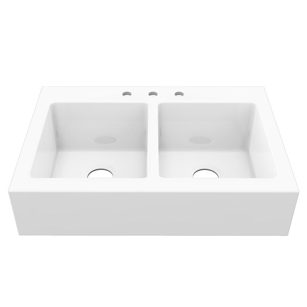Elevate Quick-Fit Drop-in Farmhouse Fireclay 33.85 in. 3-Hole Double Bowl Kitchen Sink in Crisp White - Super Arbor