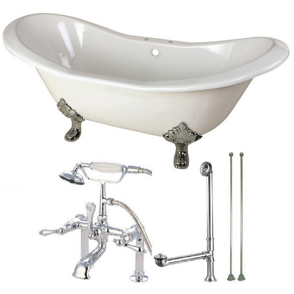 Double Slipper 72 in. Cast Iron Clawfoot Bathtub in White and Faucet Combo in Oil Rubbed Bronze - Super Arbor