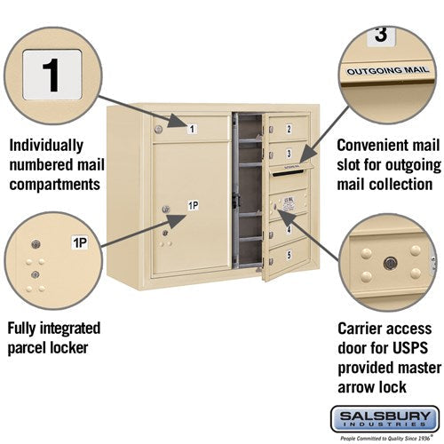 6 Door High Surface Mounted 4C Horizontal Mailbox with Parcel Locker in Sandstone