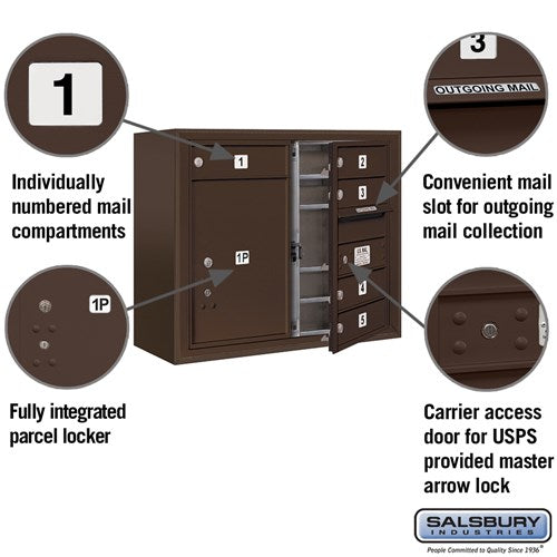 6-Door High Surface Mounted Mailbox with Parcel Locker in Bronze with USPS Access