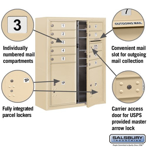 10 Door High Surface Mounted 4C Horizontal Mailbox with Parcel Lockers in Sandstone