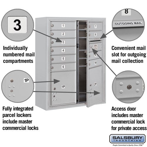 10 Door High Surface Mounted 4C Horizontal Mailbox with Parcel Lockers in Aluminum