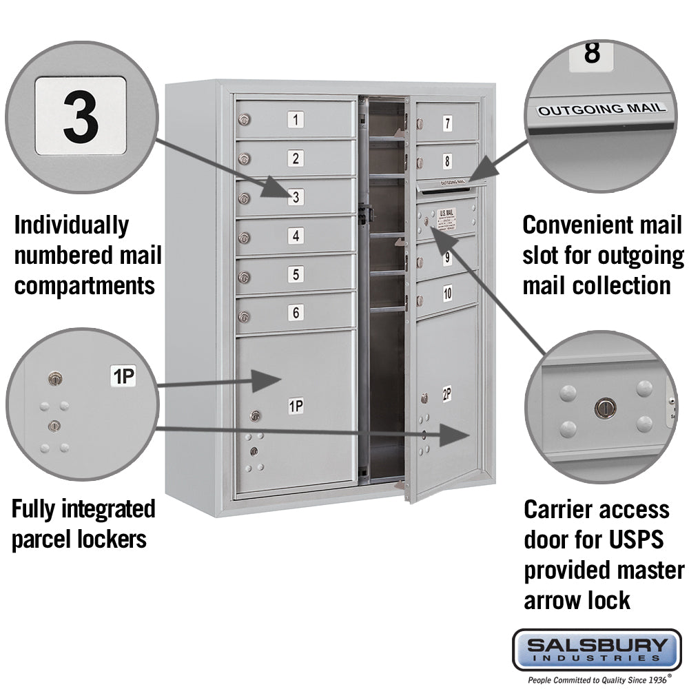 10 Door High Surface Mounted 4C Horizontal Mailbox with Parcel Lockers and USPS Access