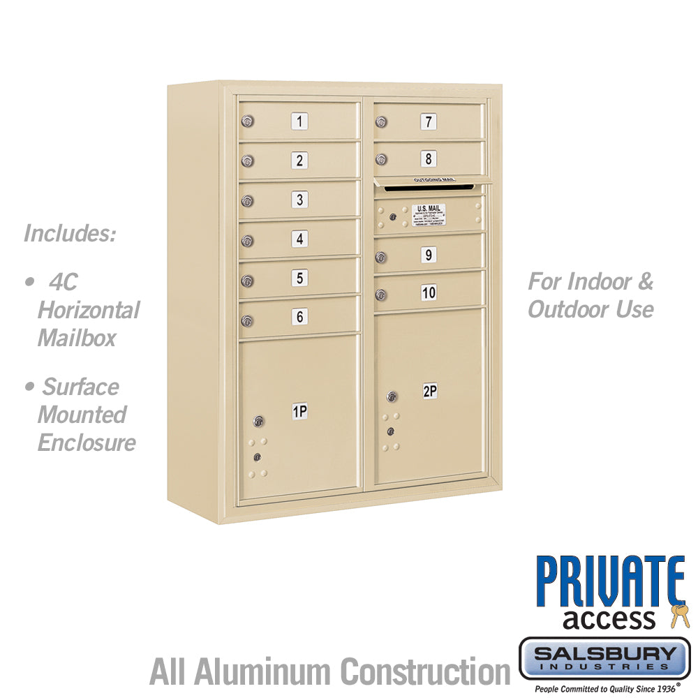 10 Door High Surface Mounted 4C Horizontal Mailbox with Parcel Lockers in Sandstone