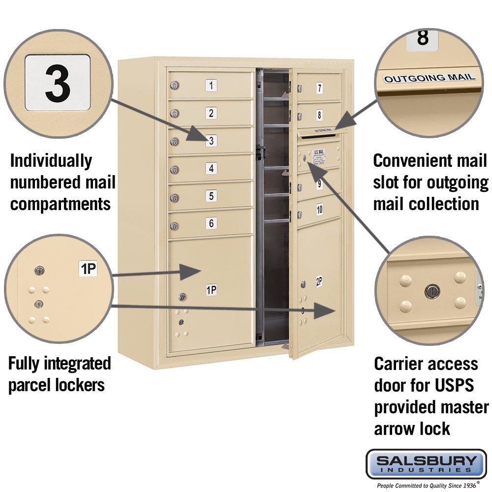 10 Door High Surface Mounted 4C Horizontal Mailbox with Parcel Lockers in Sandstone