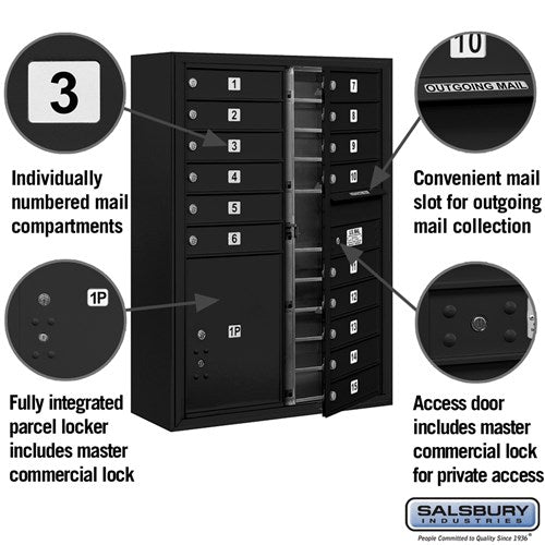 11 Door High Surface Mounted 4C Horizontal Mailbox with Parcel Locker in Black