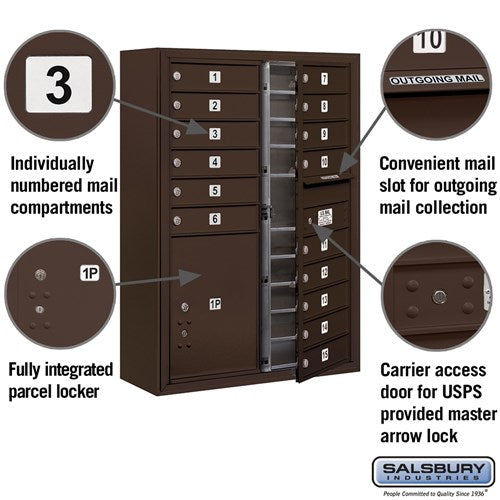 11 Door High Surface Mounted 4C Horizontal Mailbox with Parcel Locker in Bronze