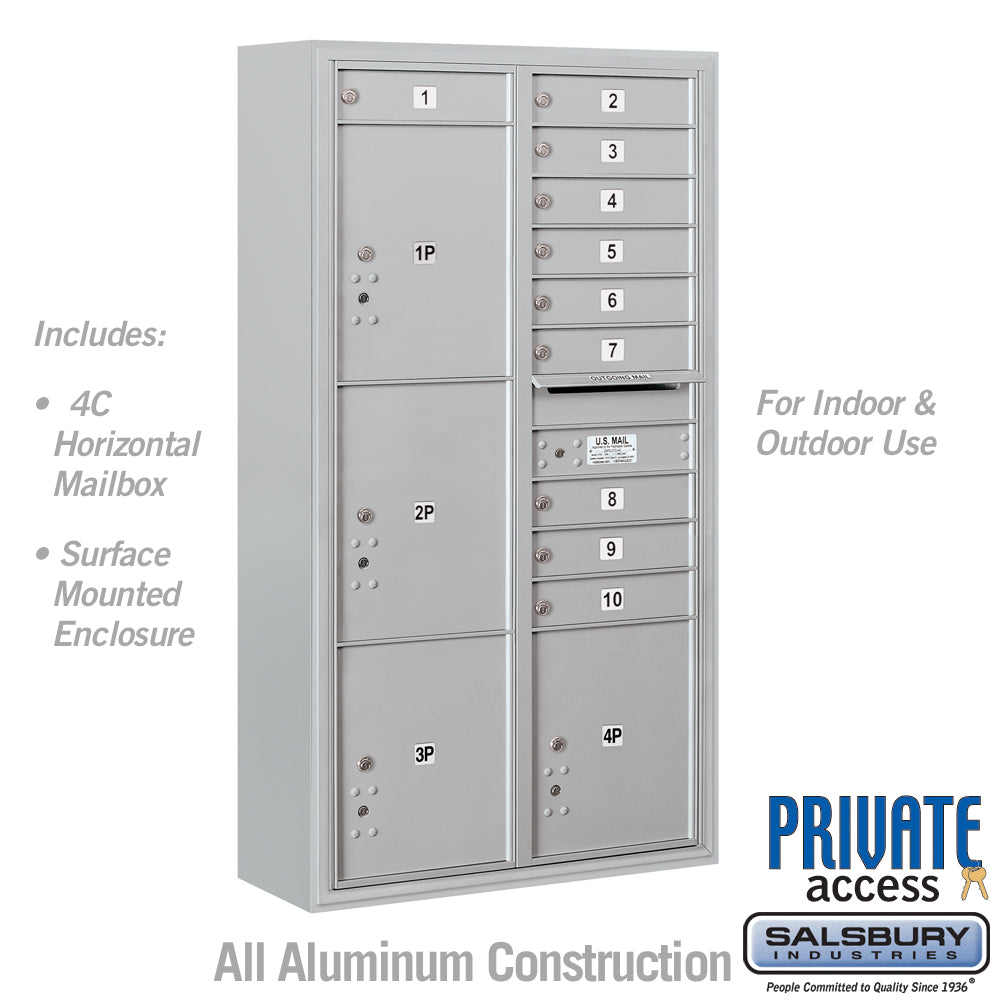 Maximum Height Surface Mounted 4C Horizontal Mailbox with 10 Doors and 4 Parcel Lockers in Aluminum with Private Access