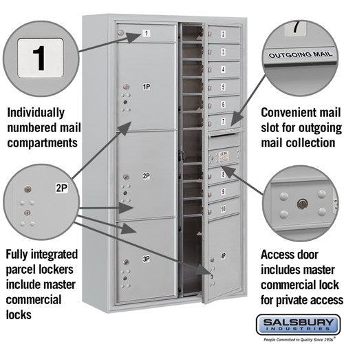 Maximum Height Surface Mounted 4C Horizontal Mailbox with 10 Doors and 4 Parcel Lockers in Aluminum with Private Access
