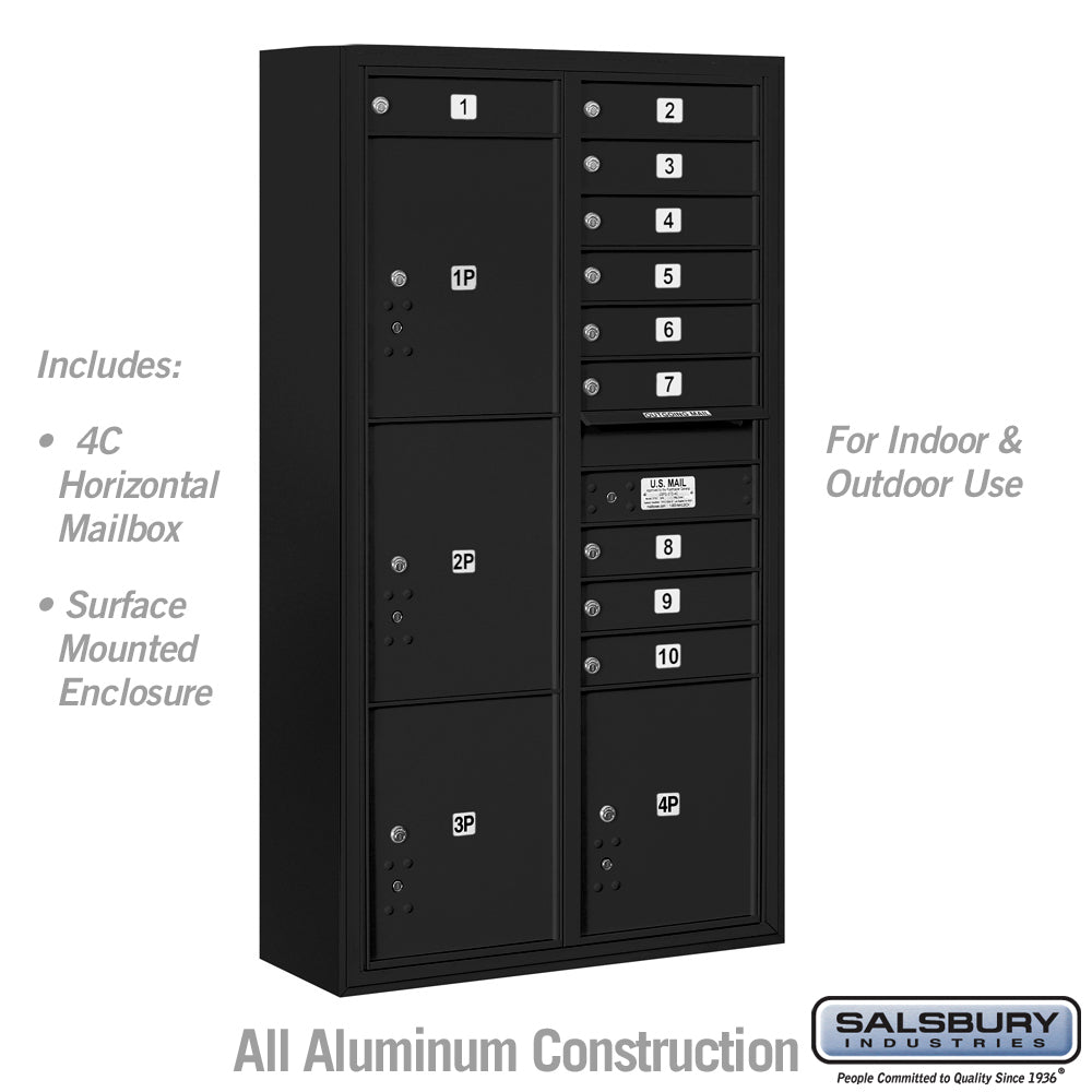 10-Door Surface Mounted Parcel Locker with 4 Parcel Lockers in Black for USPS Access