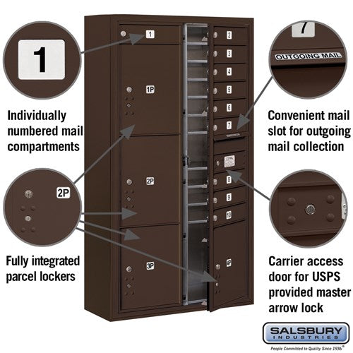 Maximum Height Surface Mounted 4C Horizontal Mailbox with Parcel Lockers in Bronze