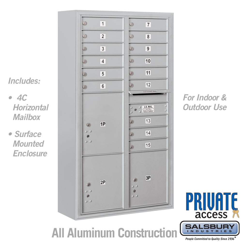 Maximum Height Surface Mounted 4C Horizontal Mailbox with 15 Doors and 3 Parcel Lockers