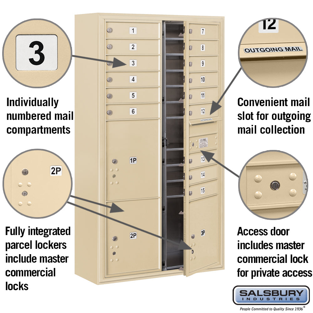 Maximum Height Surface Mounted 4C Horizontal Mailbox with 15 Doors and 3 Parcel Lockers in Sandstone