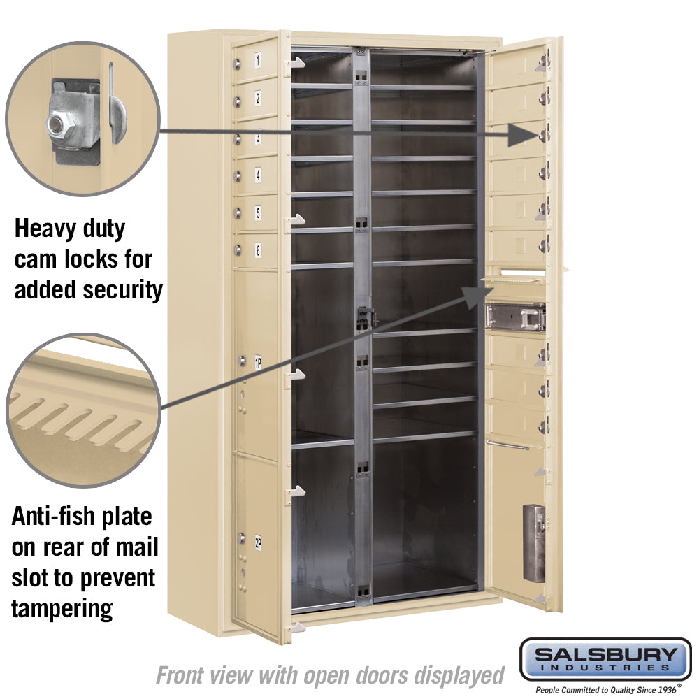 Maximum Height Surface Mounted 4C Horizontal Mailbox with 15 Doors and 3 Parcel Lockers in Sandstone