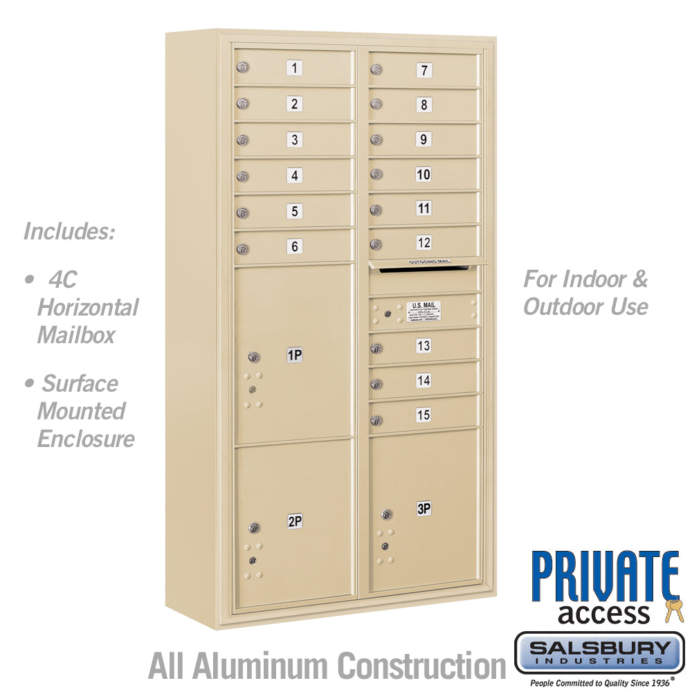 Maximum Height Surface Mounted 4C Horizontal Mailbox with 15 Doors and 3 Parcel Lockers in Sandstone
