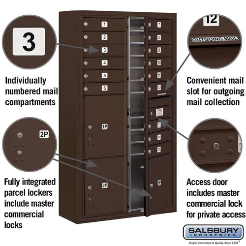 Maximum Height Surface Mounted 4C Horizontal Mailbox with 15 Doors and 3 Parcel Lockers in Bronze